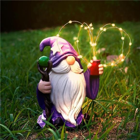 Resin Gnome Statue Outdoor Decor Waterproof Firework Solar LED Lights Gnome - Picture 4 of 7